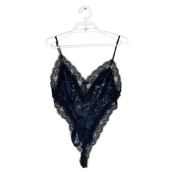 Vtg DELICATES Women's Black Floral Lace Teddy Romper Lingerie Tie Back 80's Sz S - Picture 1 of 8